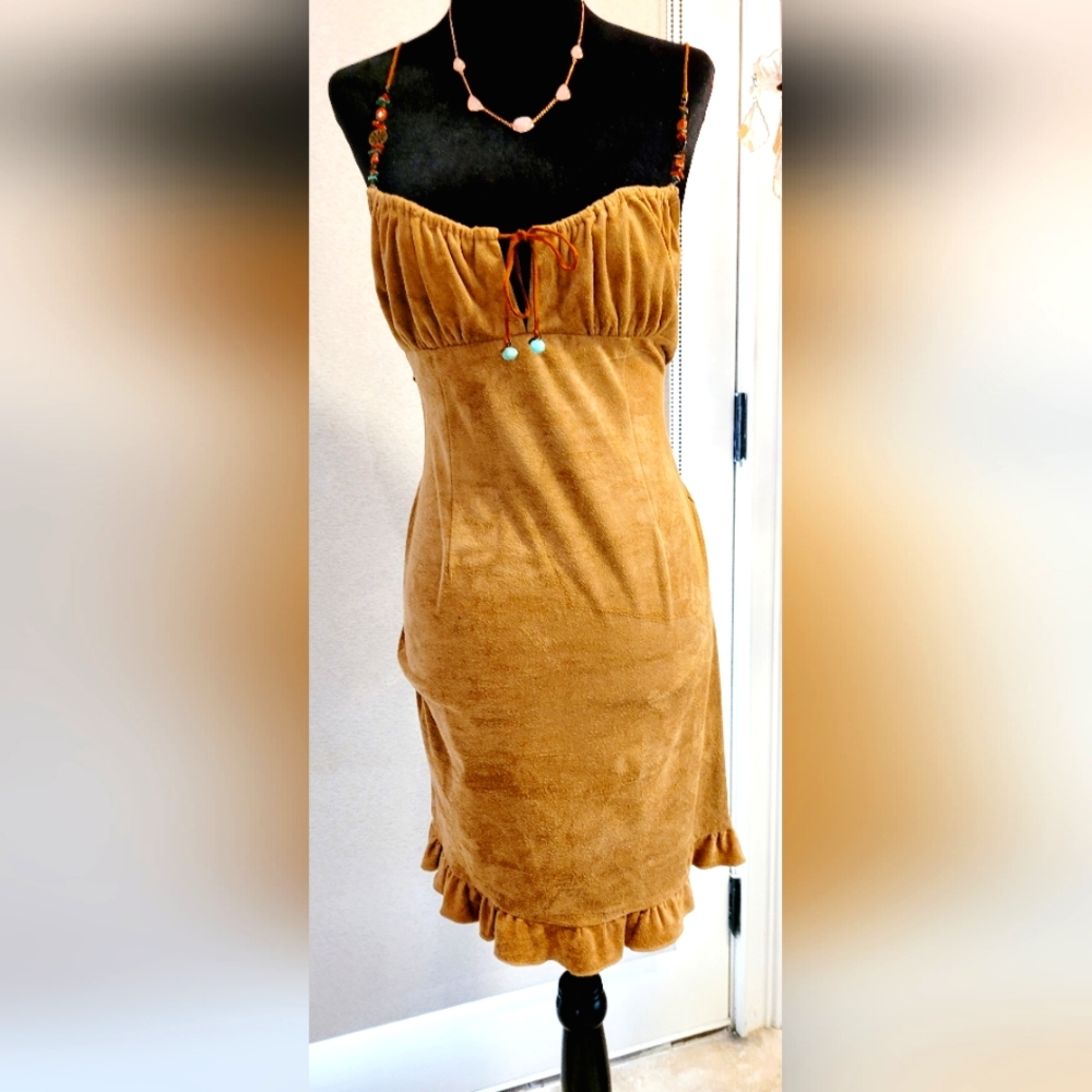 A.B.S Bohemian Vintange Suede Dress. Coral & Turquoise Beaded Jewel Straps. 2